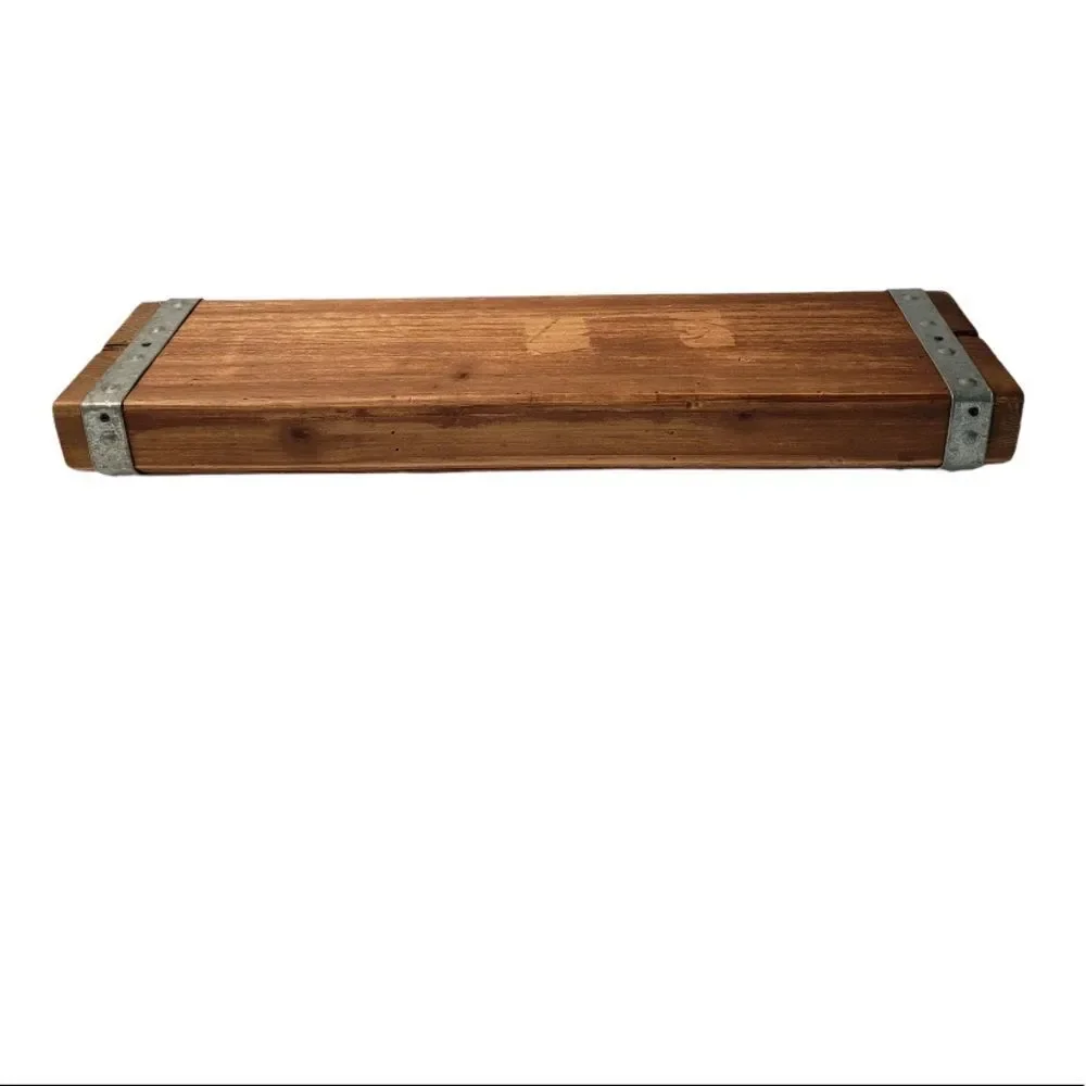 Brown Wooden Wall Display Shelf with Metal Strap Accents